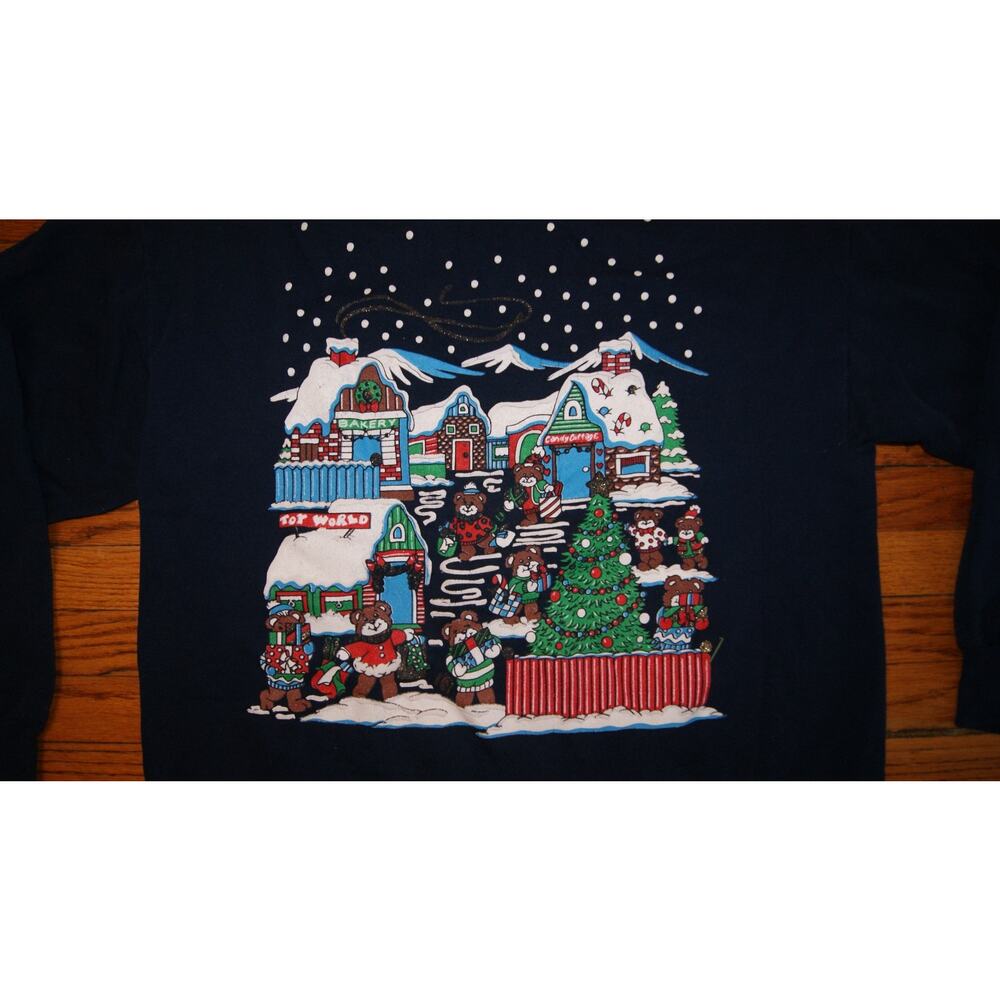 Vintage 90s Teddy Bears Christmas Village Snow Blue XL Sweatshirt AOP Puff Print